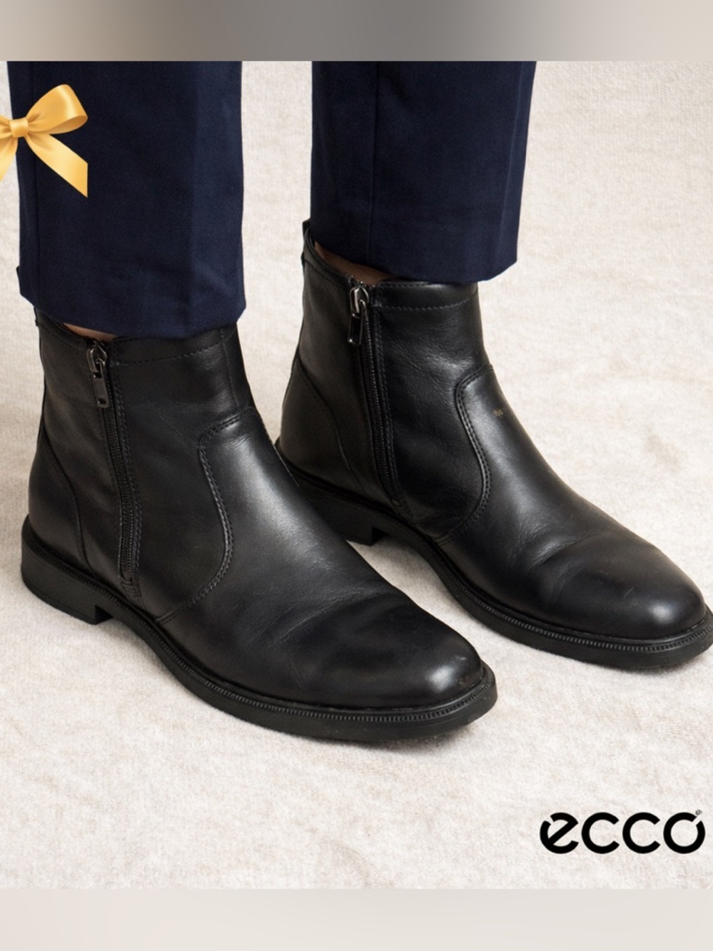 ECCO Black Leather Ankle Boots Side Zip Shock Point EU 41 Men’7.5 Women 9